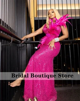 Hot Pink Trblietavý Prom Šaty, Sexy Vysokej Štrbinou Perie Korálkové Perly Formálne Šaty pre Black Dievčatá 2023 Afriky Večerné Šaty