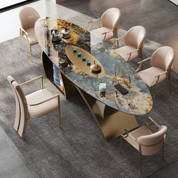 Rock čaj stôl luxusná vila čaj stôl oválny veľké bridlice čaj stôl a stoličky zmes