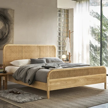 Pevné drevo, ratan posteľ retro 1.8 m manželská posteľ hotel jednoduché ratan posteľ